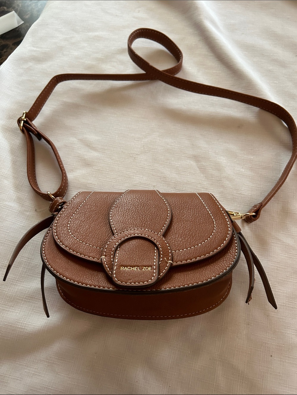 Rachel Zoe Saddle-Style Brown Leather Crossbody with Signature Ring